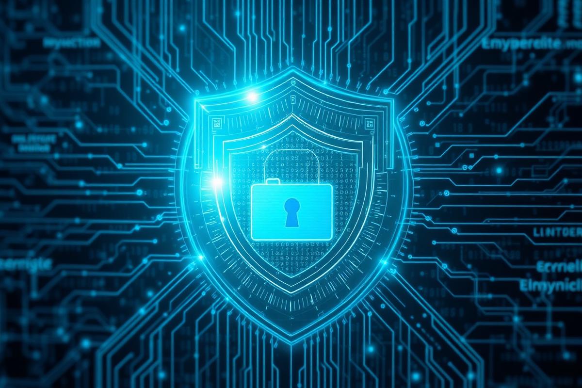 Cybersecurity and AI protection shield with encrypted data streams