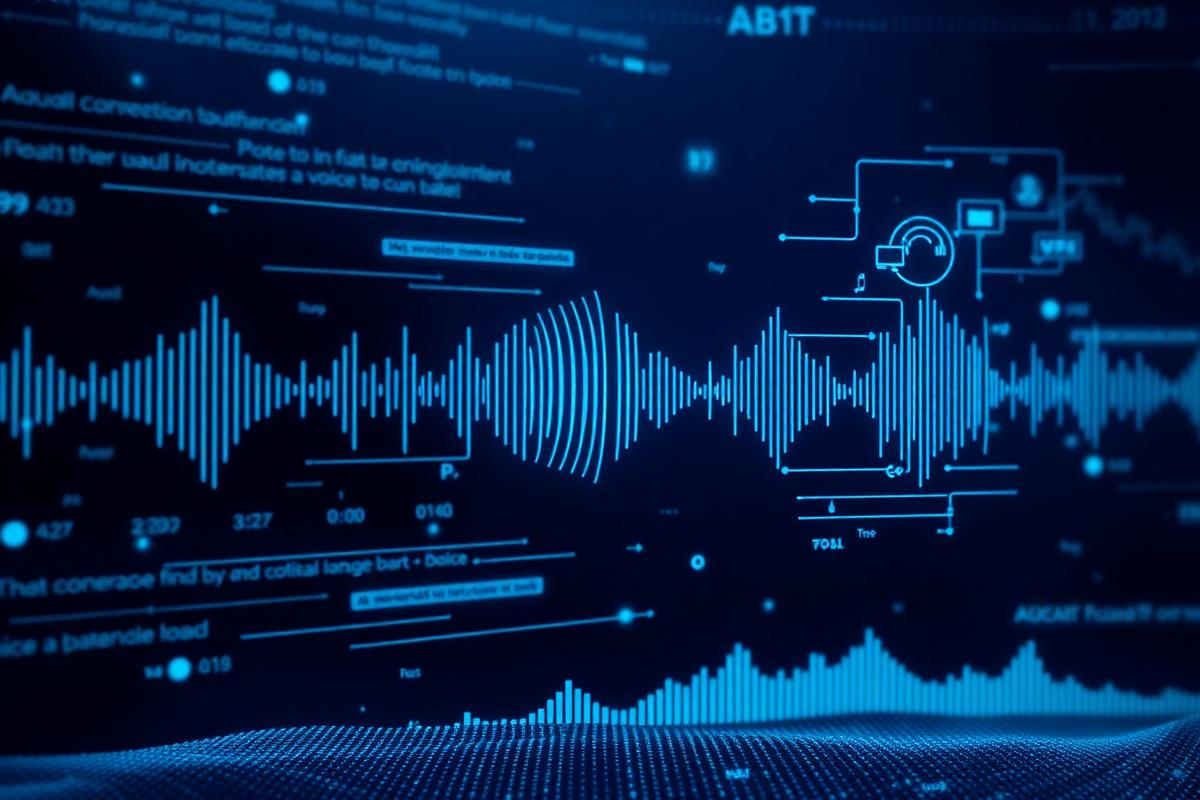 Abstract visualization of voice AI conversation with sound waves and audio frequencies